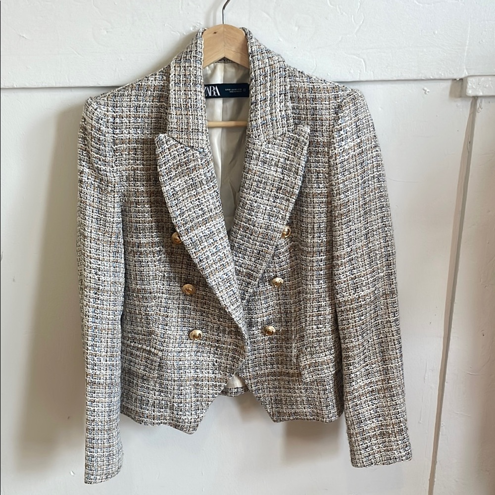 Zara Double Breasted Textured Blazer Tailored Tweed